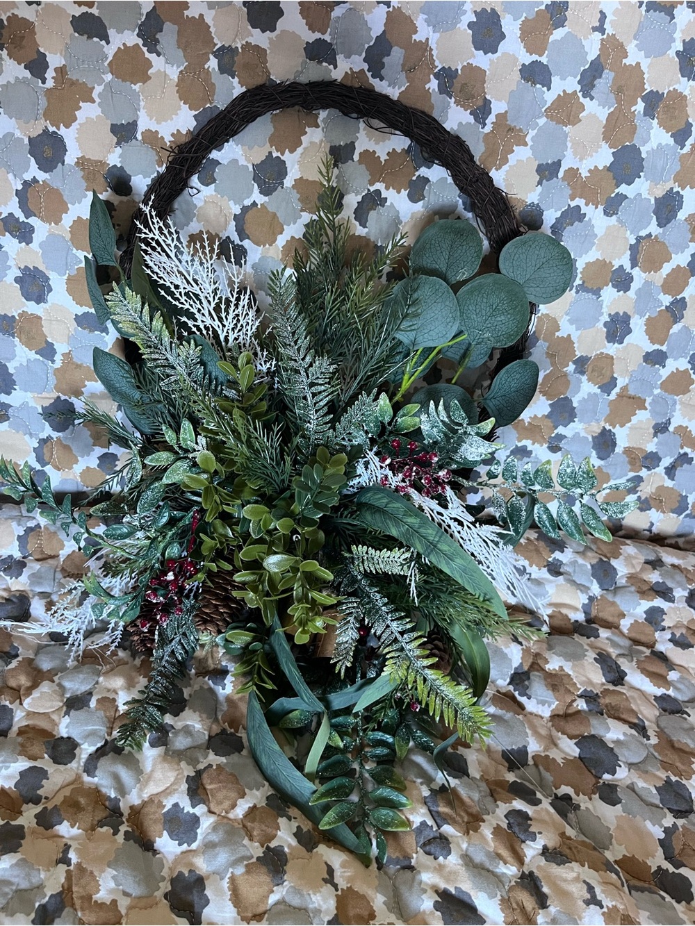 Green Holiday Pine and Eucalyptus Wreath - Decorative Home Holiday Accent